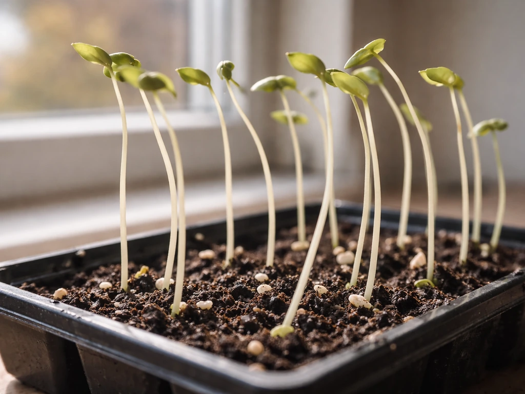 Close-up of leggy, pale mung bean seedlings reaching toward a bright window for light