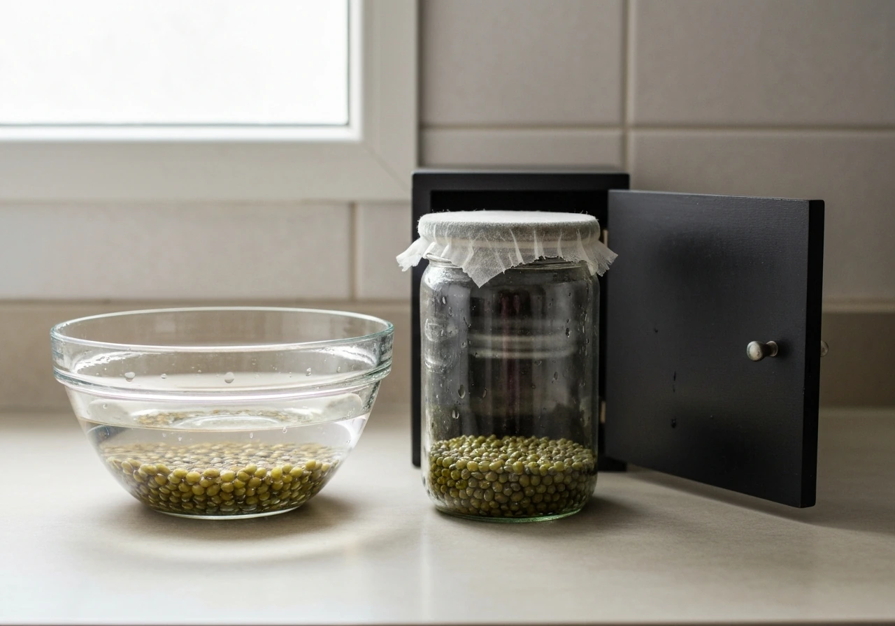 Mung bean sprouting setup: soaked beans in a bowl, drained jar, and covered storage in a kitchen corner.