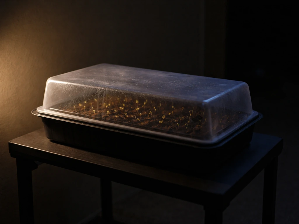 Covered seed tray in a dark room with tiny sprouts just starting to emerge.