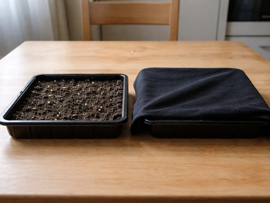Two side-by-side seed trays: one in dim light, the other fully covered in darkness.
