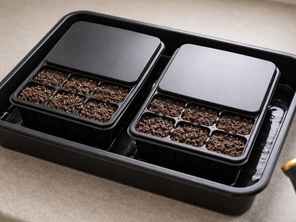 Seed trays with moist sterile mix covered by an opaque dark lid for dark germination indoors.