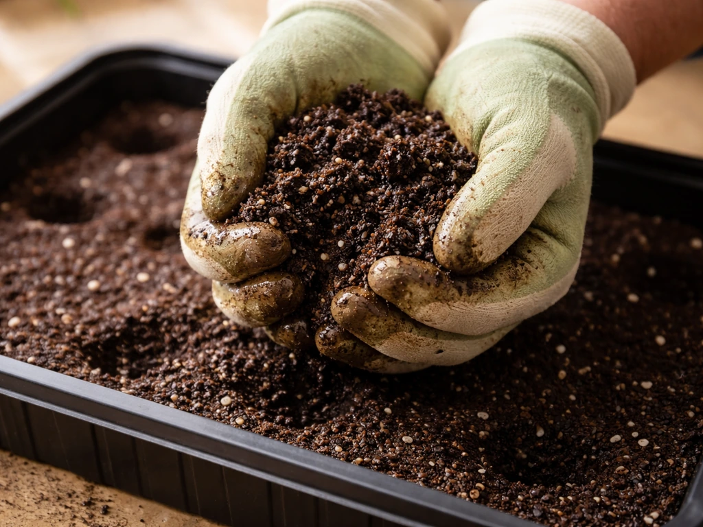 Close-up of damp seed-starting mix in an open tray, not dripping—sponge-like moisture consistency.