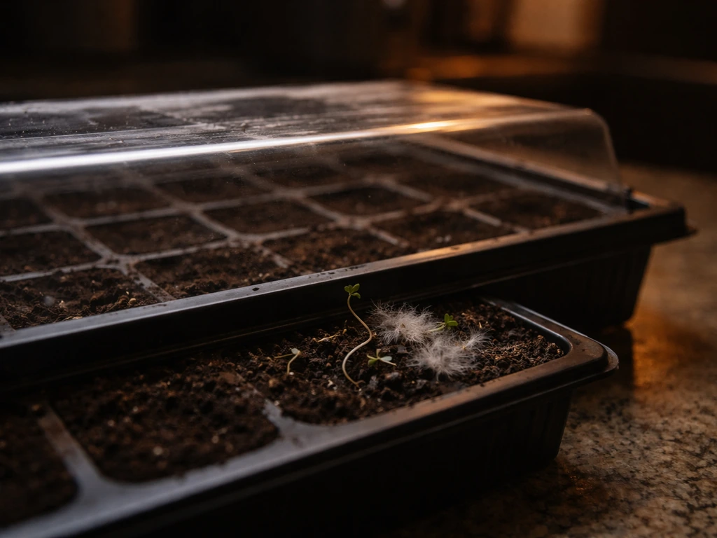 Covered seed tray with a few damping-off seedlings and pale cottony mold at the soil line.