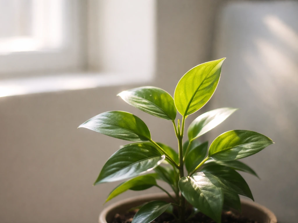 Close-up of green plant leaves lit by window sunlight reflecting from a nearby wall.