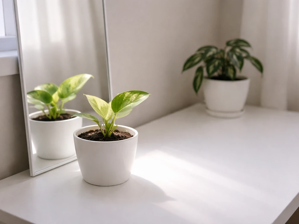 Two houseplants on a table near an angled mirror, showing reflected light differences indoors.