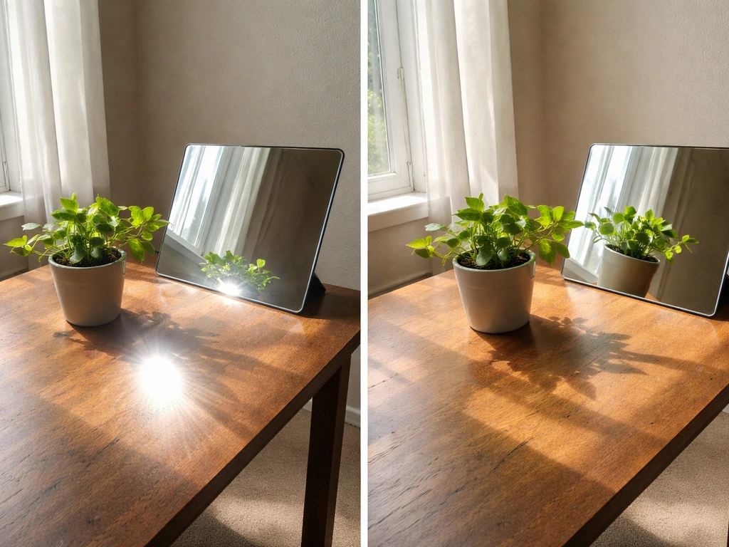 Indoor plant near a window with a mirror at wrong angle causing glare, and at correct angle for softer light.