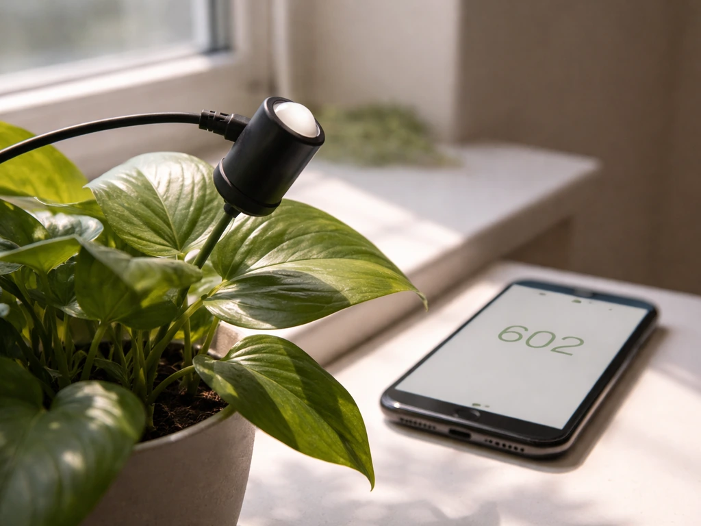 Close-up of a PAR/quantum sensor beside an indoor plant with a phone showing a live reading