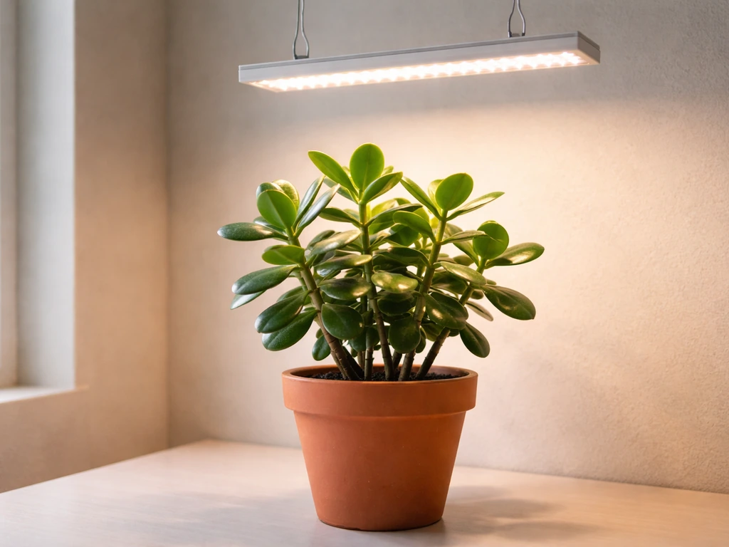 Healthy jade plant in a terracotta pot thriving under a visible LED grow light.