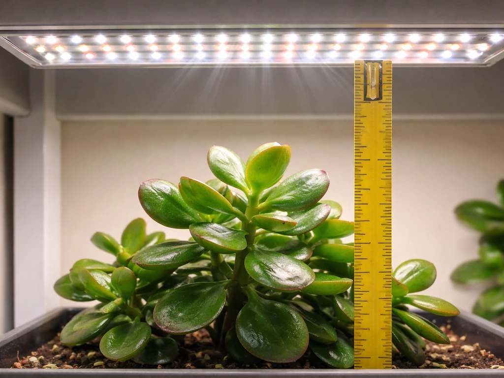Jade plant under an LED grow light with a nearby distance reference showing the light height above leaves.