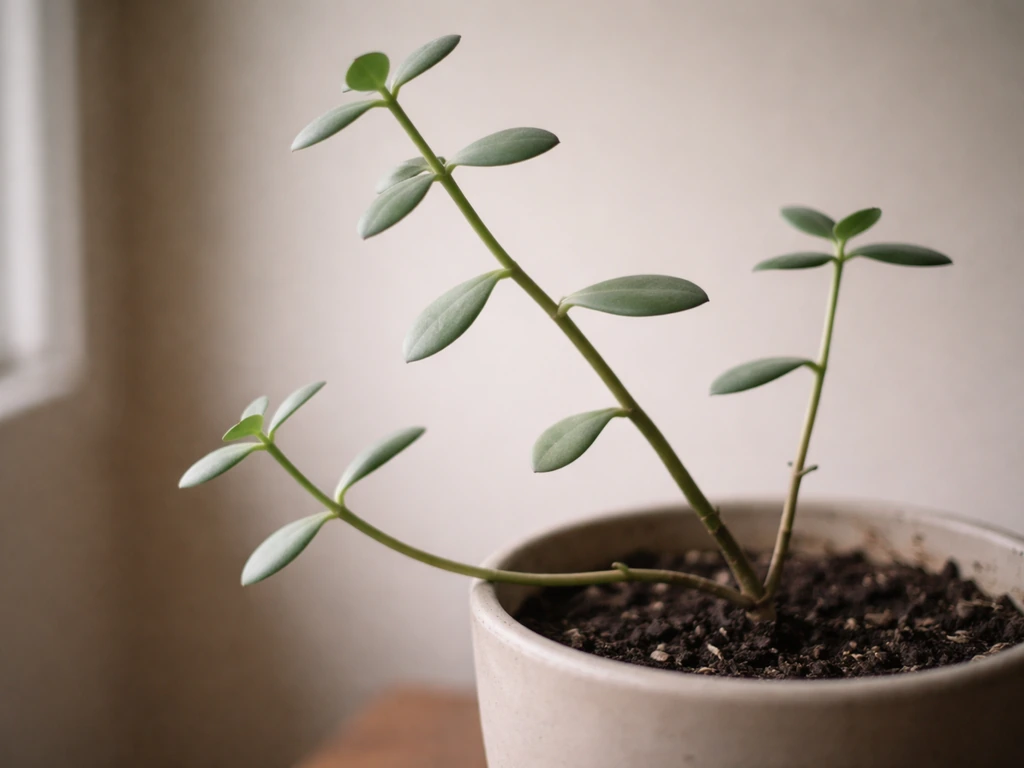 Underlit jade plant with stretched leggy stems and long gaps between pale, dull leaves.