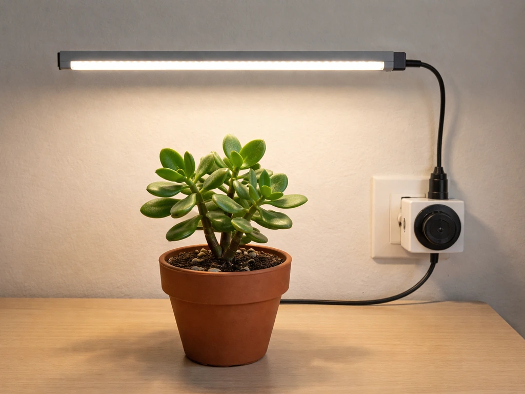 LED grow light mounted above a small jade plant, with a nearby plug-in timer controlling it