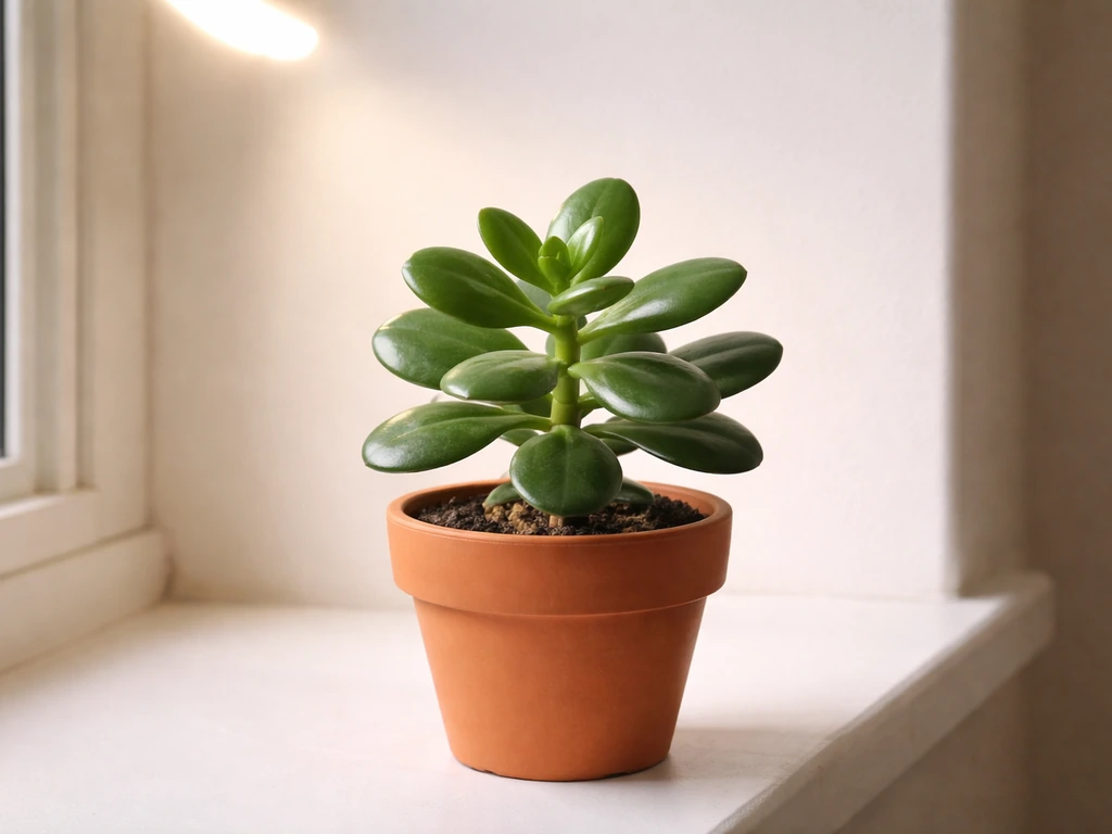 Close-up of a jade plant with a grow light kept farther away for gradual acclimation.