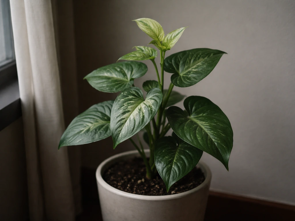 Syngonium in dim light with small, slower new leaves compared to larger older leaves.