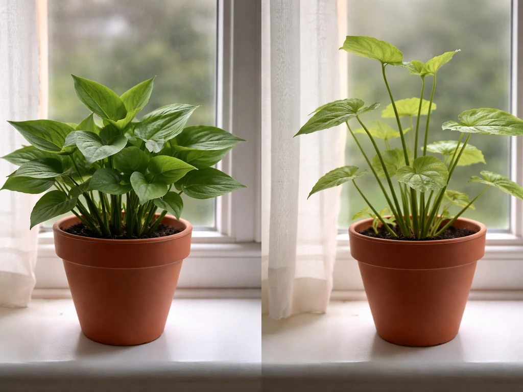 Two syngonium plants side-by-side on a windowsill: compact healthy growth on one, leggier pale growth on the other.
