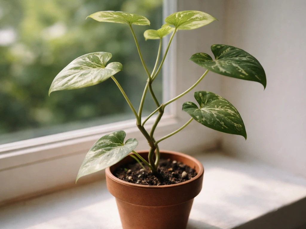 Close-up of a leggy syngonium with long stretched stems and small new leaves in soft natural light.