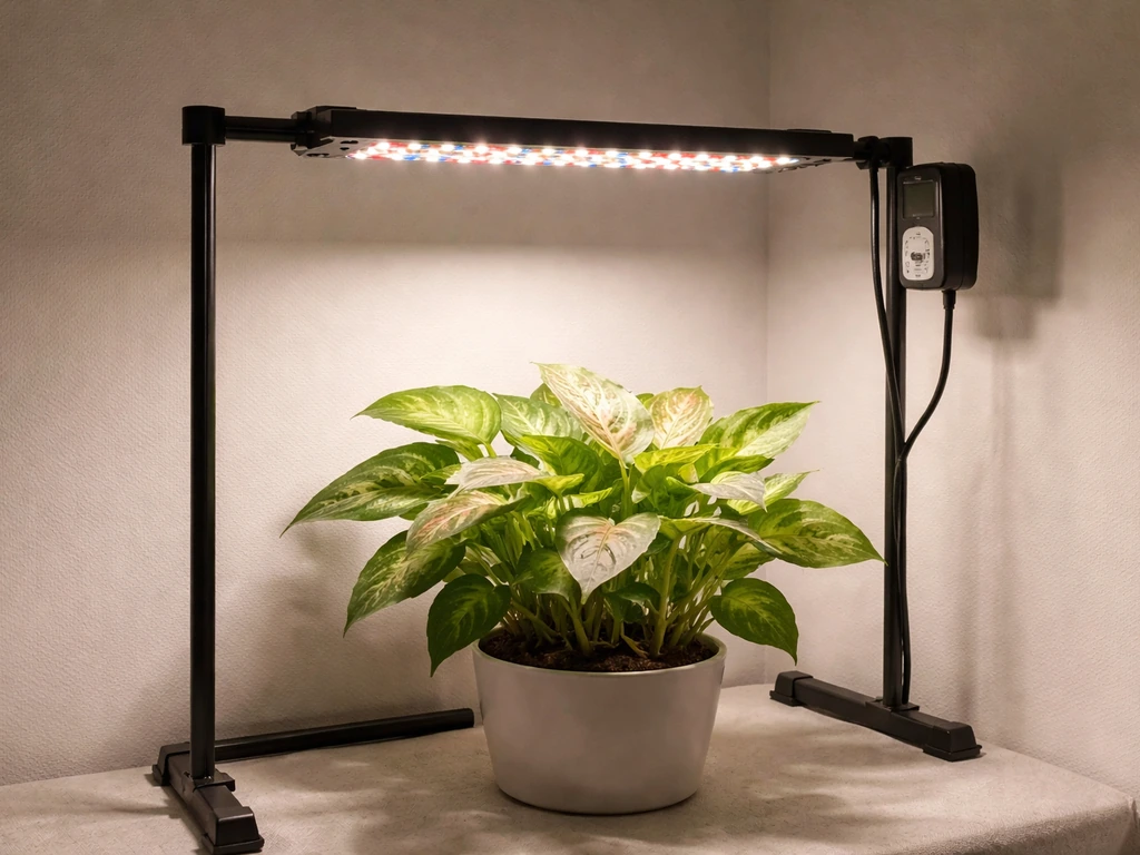 Full-spectrum LED grow light shining over a syngonium with a small timer in a simple indoor corner.