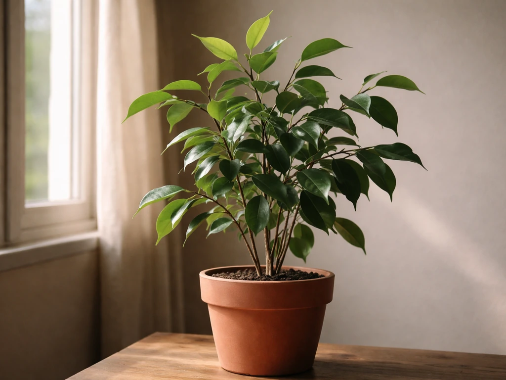 Healthy ficus in a terracotta pot beside a dim warm window, leaves lit softly indoors.