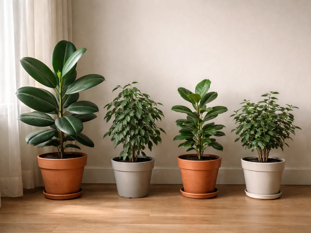 Several potted ficus plants in a dim room, highlighting which leaves do well in low light.