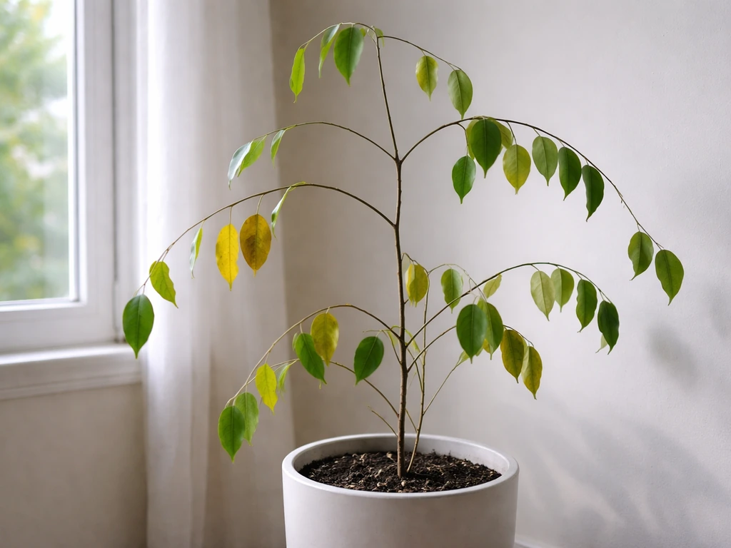 Ficus benjamina with leggy stretched stems, small new leaves, and yellowing foliage from low light.