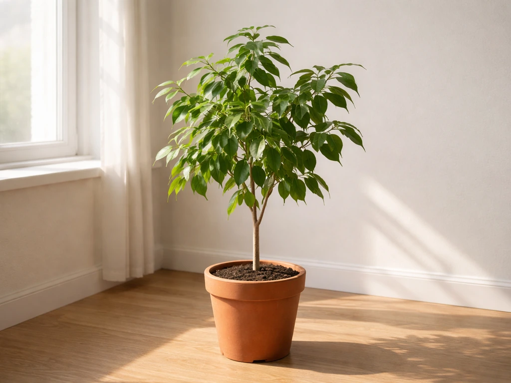 Small ficus in a terracotta pot placed 2 feet from a bright window, pot rotated a quarter turn.