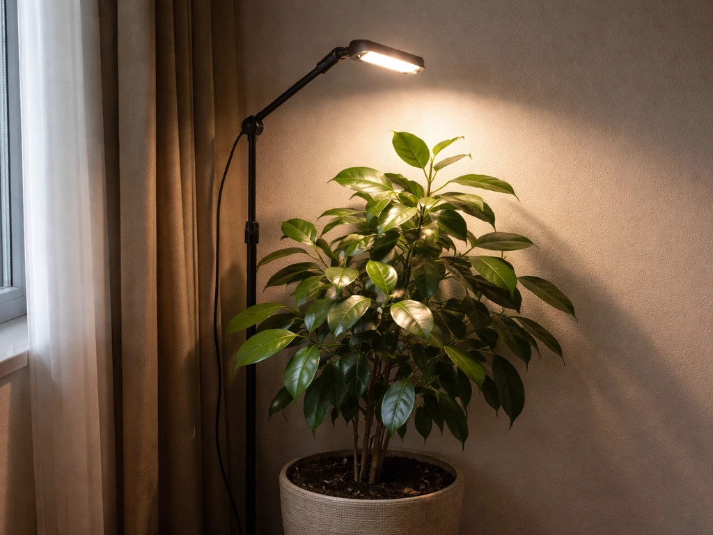 LED grow light shining over a potted ficus in a dim corner indoors.