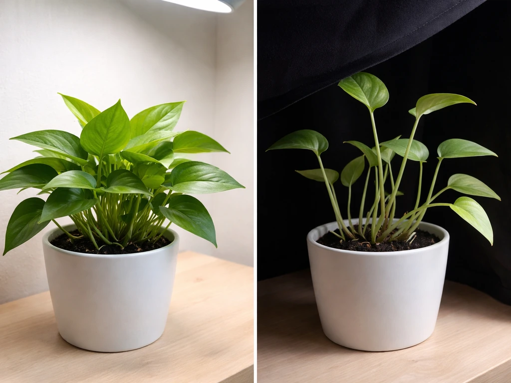 Split indoor plant comparison: lush growth under bright light vs pale, stretched growth in darkness.