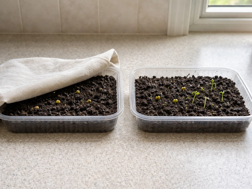 Two identical trays with soaked mung beans, one covered to block light and one exposed to window light.