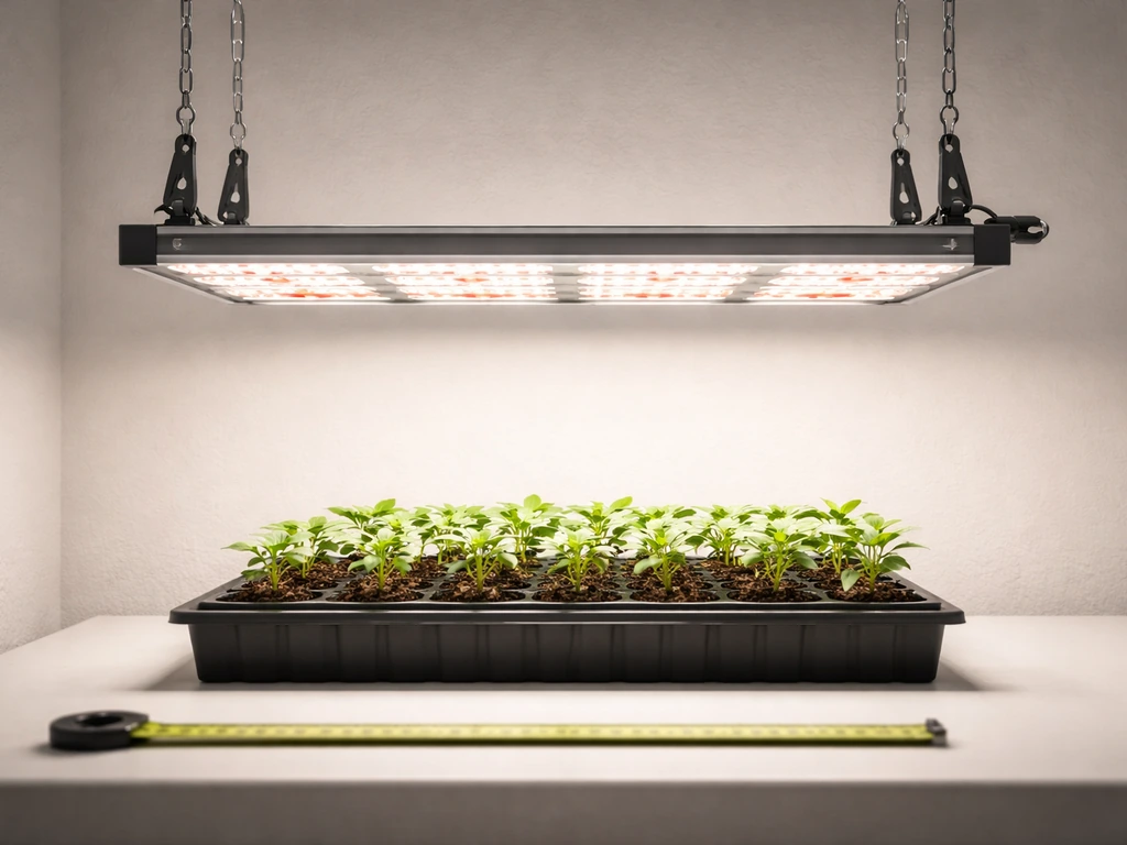 LED grow lights above a tray of seedlings with adjustable hang height in a simple indoor grow setup
