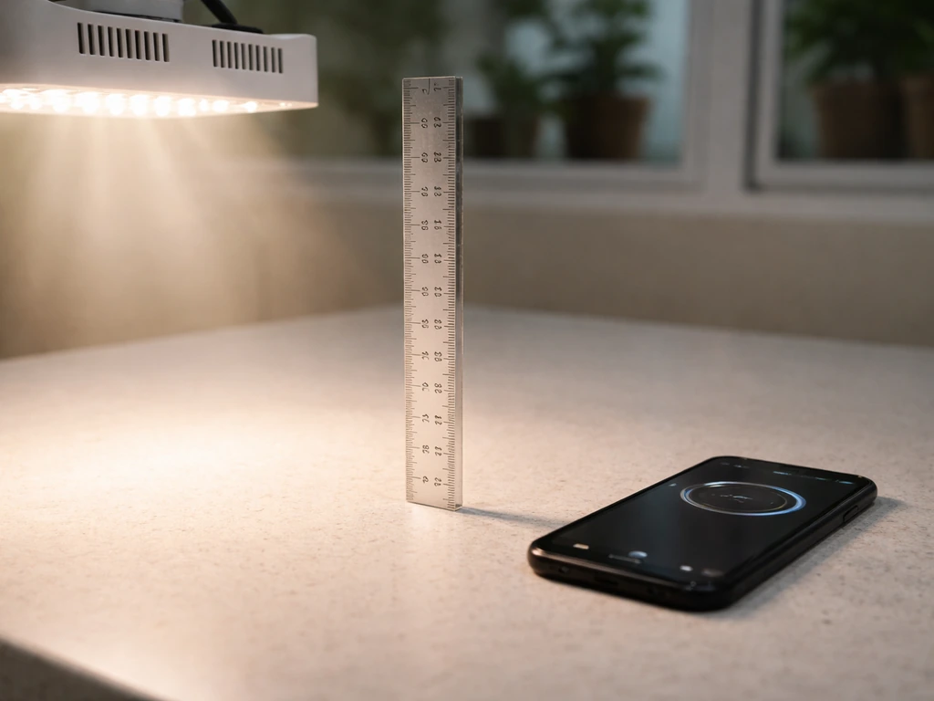 Phone showing a timer beside an LED grow light with a ruler measuring distance to the light