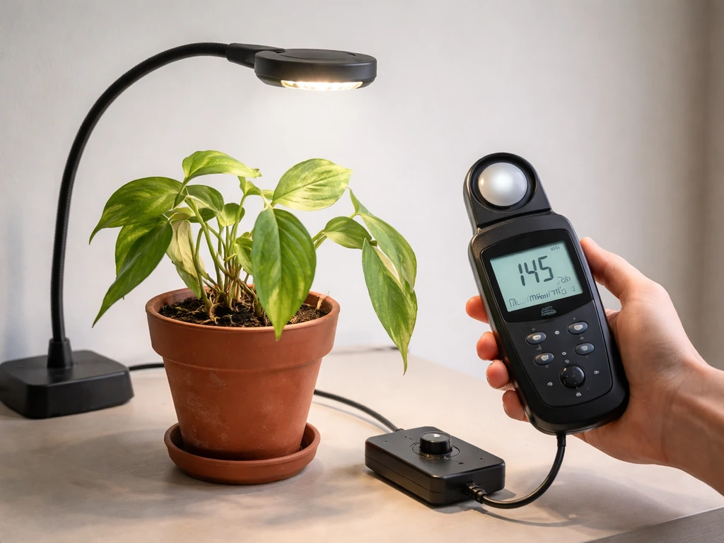 Grow light and dimmer adjusted over a potted plant while a light meter measures brightness.
