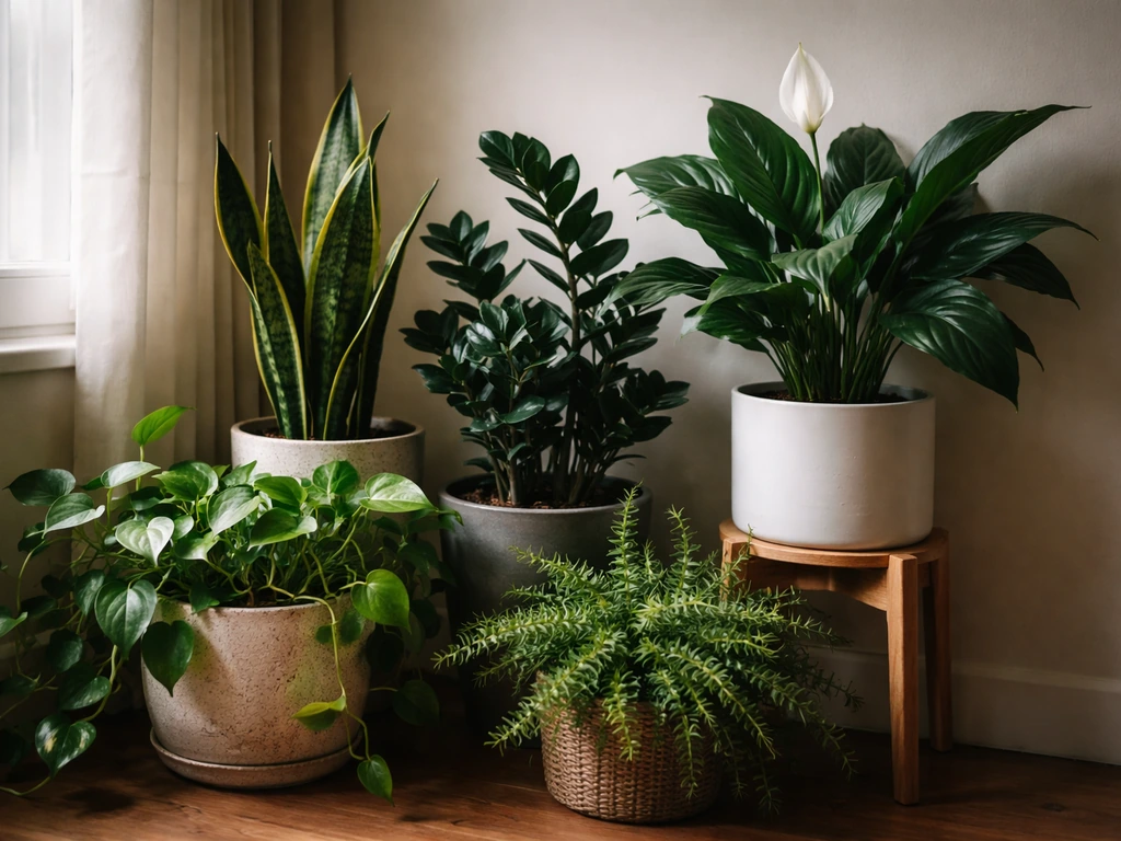 Multiple thriving low-light houseplants grouped near a softly lit indoor window corner.
