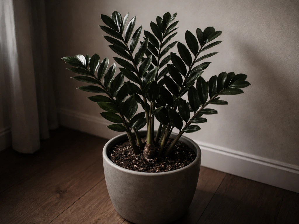 ZZ plant with dark glossy leaves in a dim corner, with the pot and rhizome base visible.