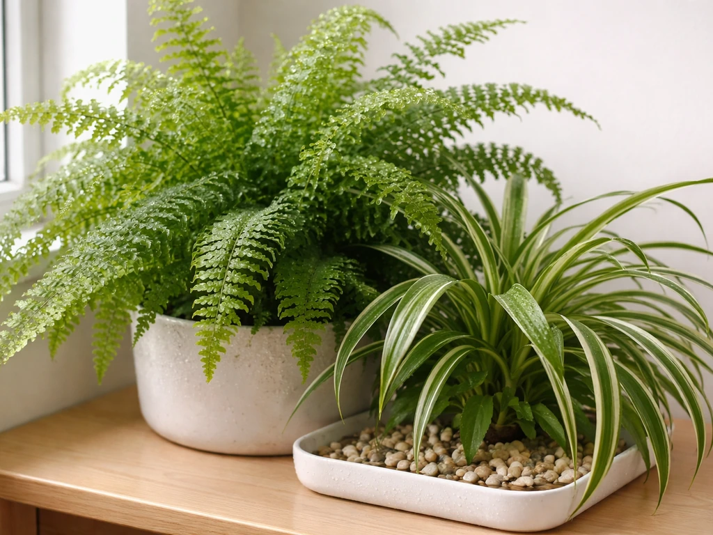 Misted Boston fern and spider plant in a simple cluster, showing humidity on the fronds indoors.
