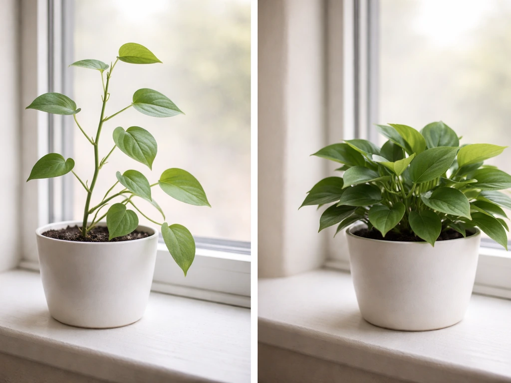 Two houseplants on a windowsill: one leggy from low light, the other compact and healthy.