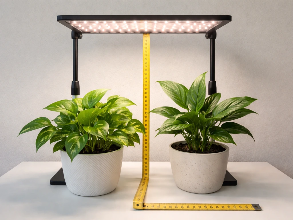 LED grow light mounted above potted plants with a tape measure showing distance in an indoor room.