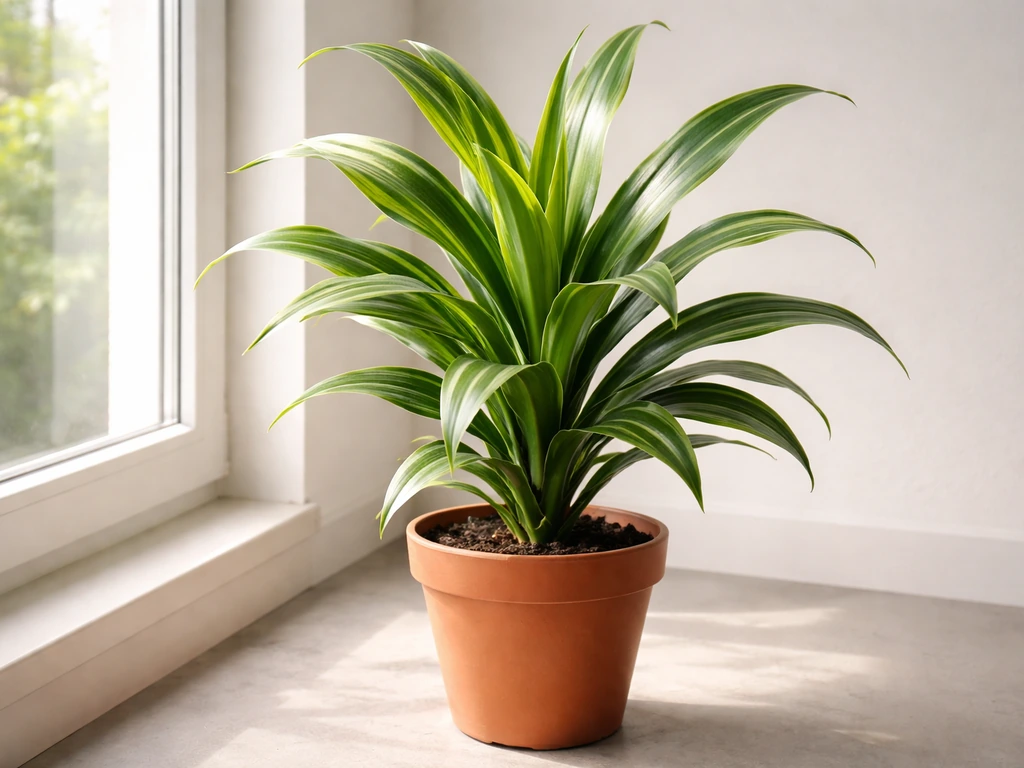 Healthy dracaena leaves softly lit near a bright window indoors