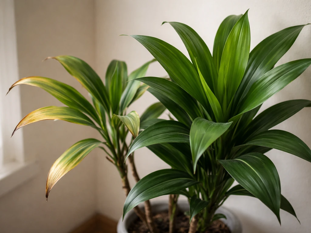 Close-up of dracaena leaves showing dull yellowing, smaller tapering leaves versus richer green healthier leaves.