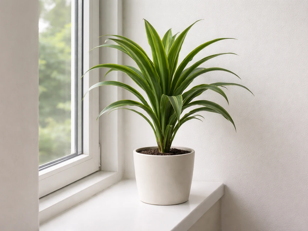 Dracaena plant on the sill of a north-facing window, spaced neatly away from the glass.