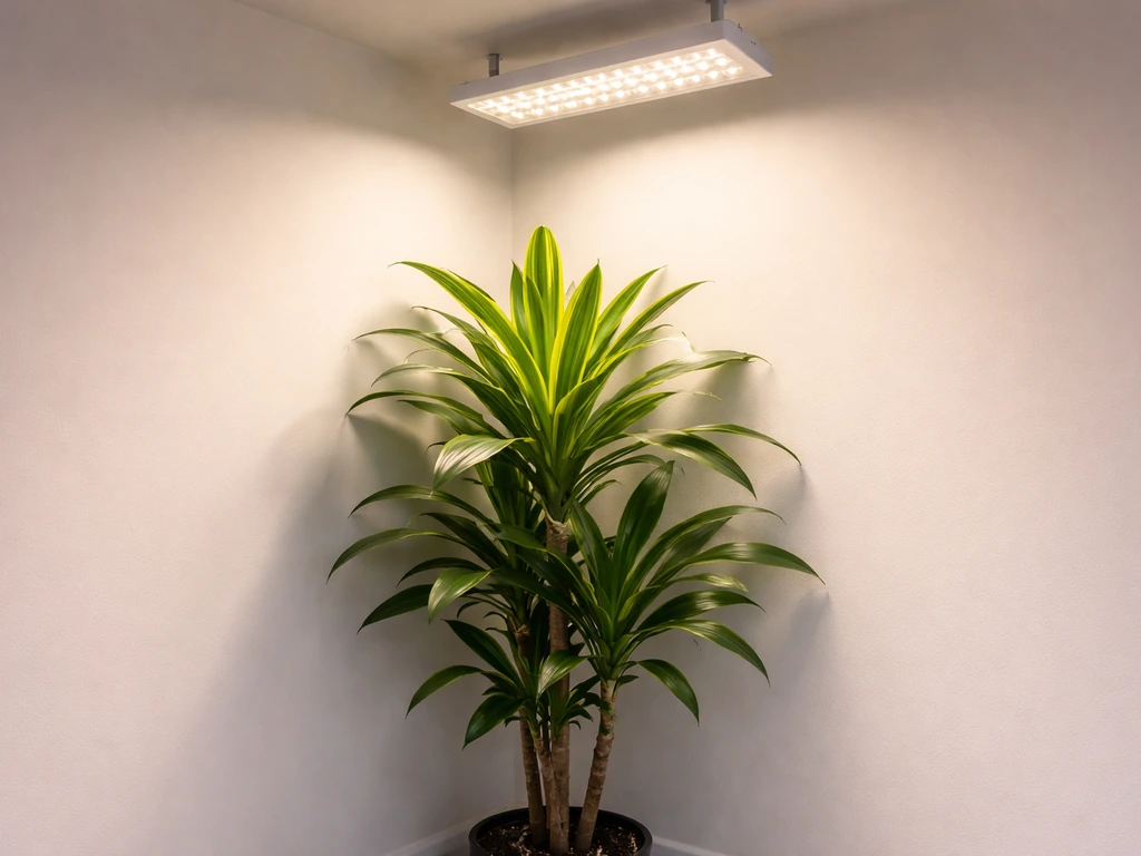 Full-spectrum LED grow light shining over a dracaena with leaves softly lit in a simple indoor corner.