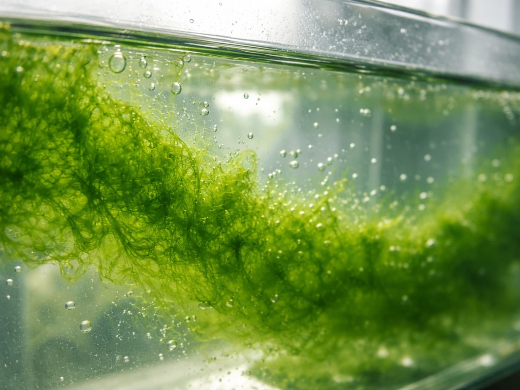 Close-up of green algae biofilm on the inside of a clear glass tank, with soft light and bubbles.