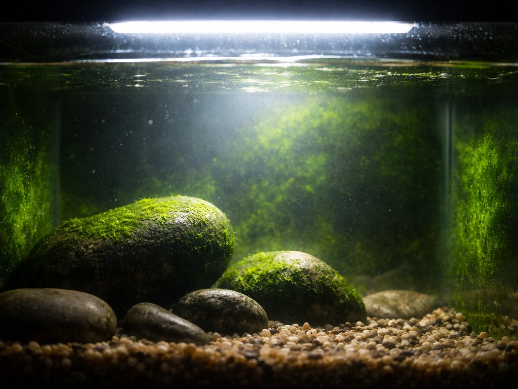 Close view of a small aquarium lit by an artificial grow LED bar, with green algae growth on surfaces