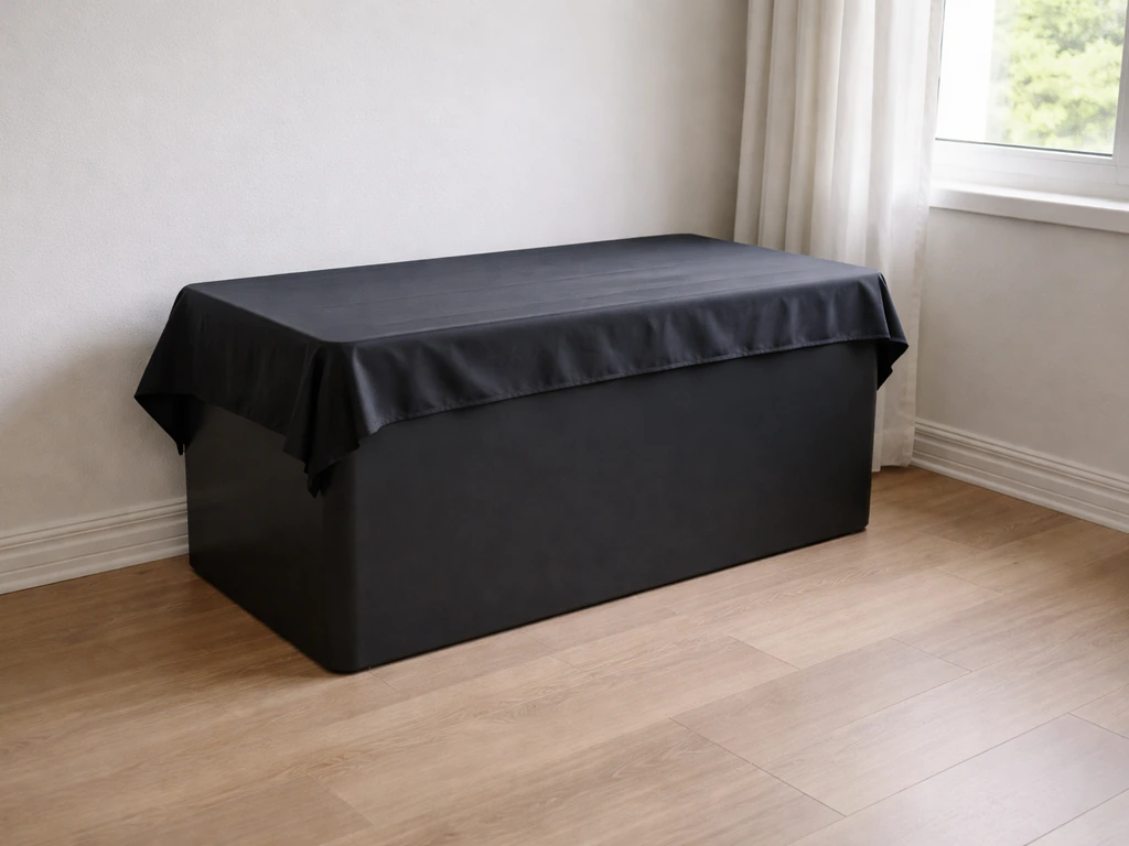 Indoor tank completely covered with a dark sheet to block light and stop algae growth.