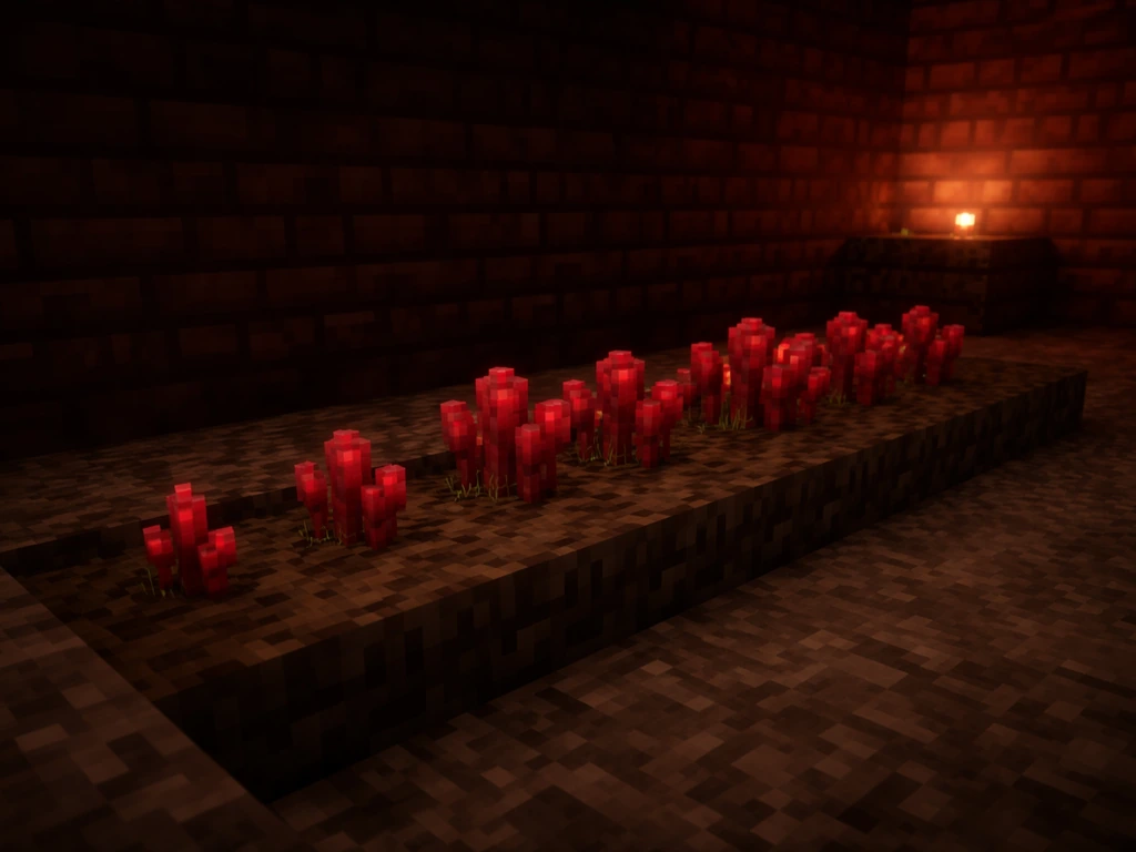 Nether wart planted on soul sand with visible growth stages under subtle side lighting.