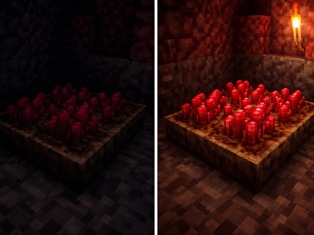 Two Nether wart soil plots side-by-side in dim vs bright light, showing the same growth stage after time.