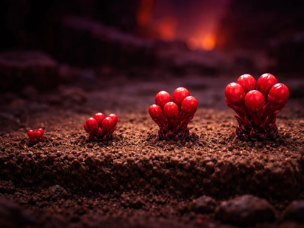 Close-up of four nether wart growth stages on soul sand, with the harvestable stage clearly visible.