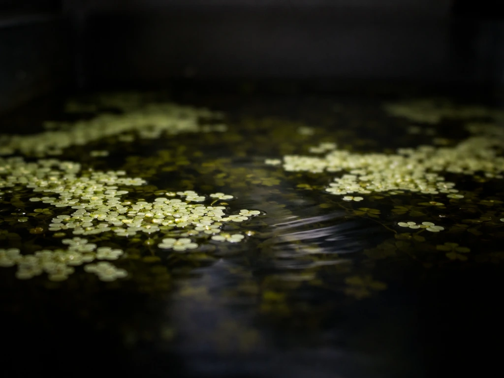 Duckweed floating on water in dim low light, showing subtle pale, weak growth.
