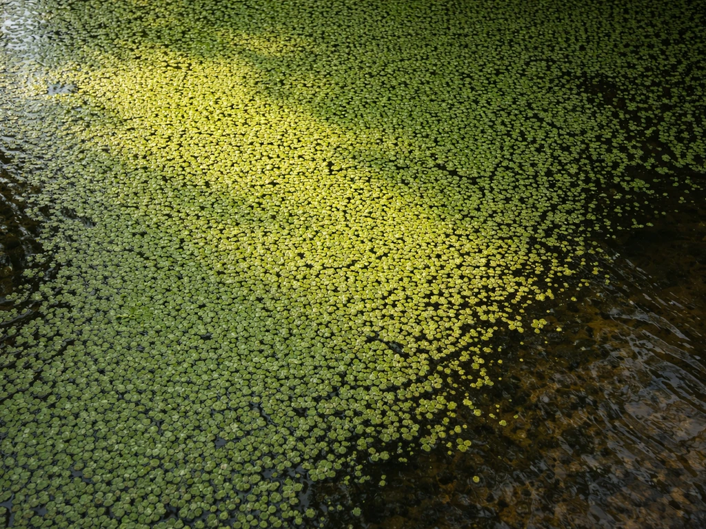 Top-down view of duckweed mats on calm water with tiny fronds and subtle light-to-shadow contrast.