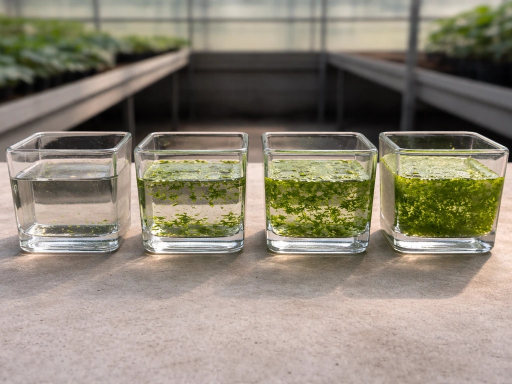 Four duckweed containers with progressively increasing growth from dark to moderate light.