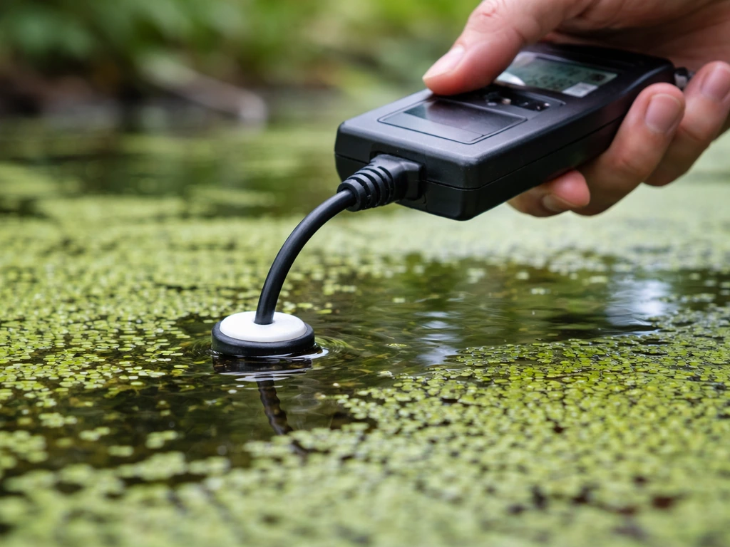 Close-up of a PAR meter held above duckweed-covered water, measuring light at the surface.