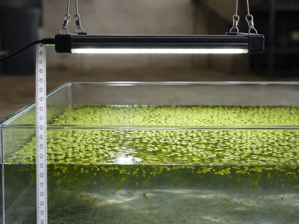 Side view of an LED grow light 6–12 inches above a duckweed tank with an implied height reference.